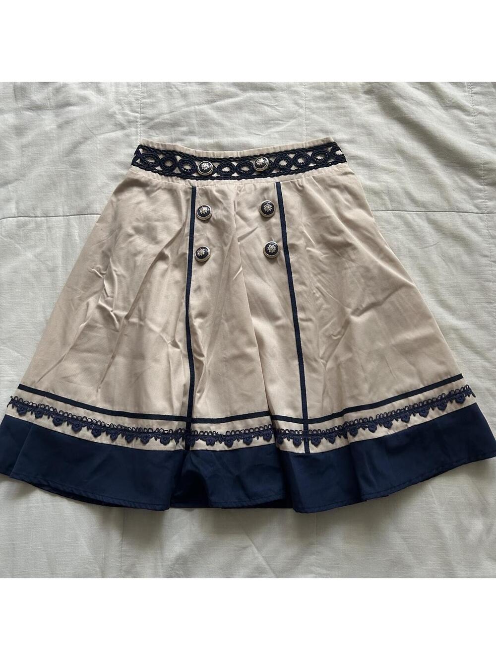 Axes Femme Cream Navy A-Line Skirt Lace Trim Pleated Buttons M Japan